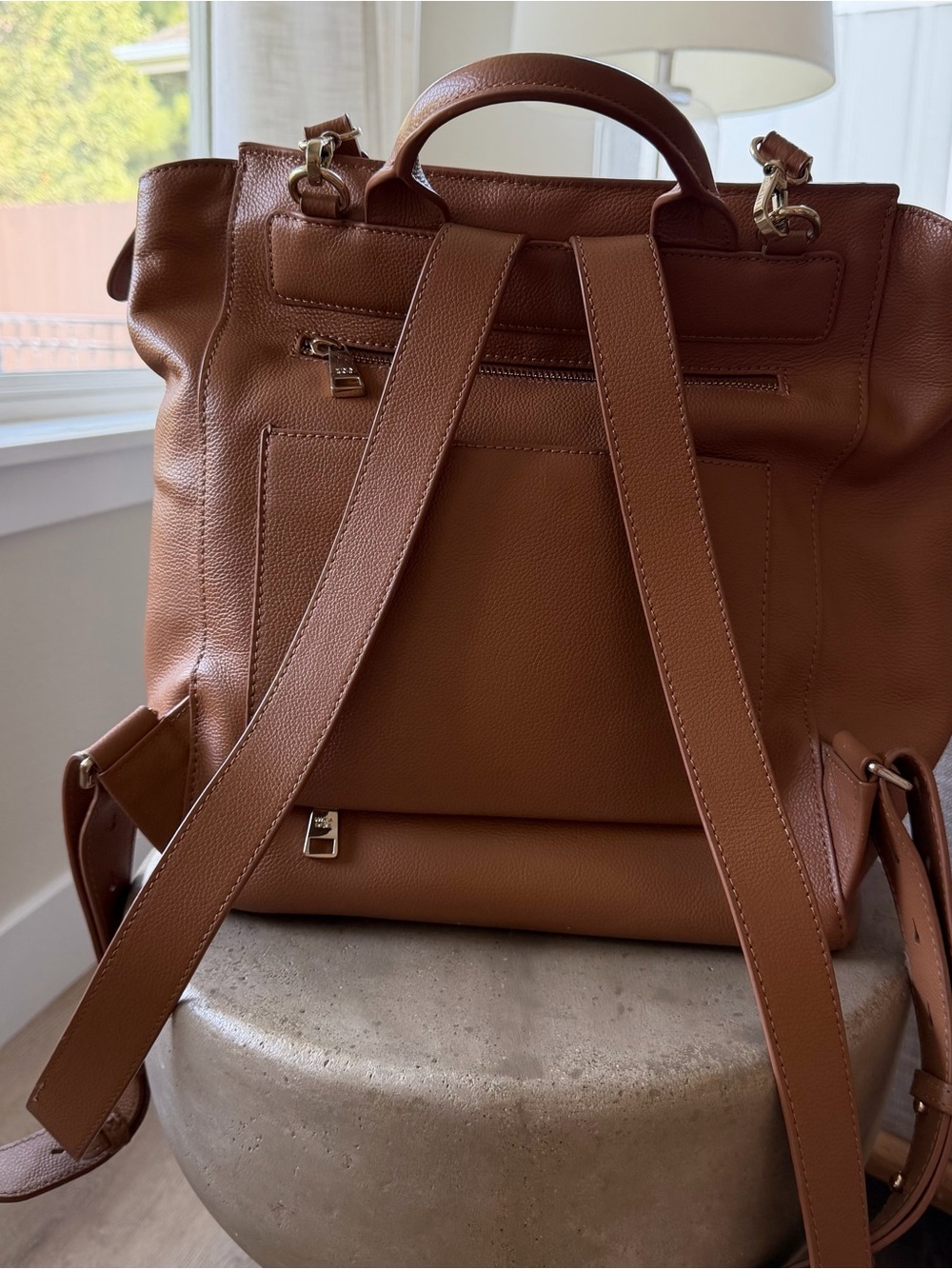 Mina Baie Harper Leather Midi Backpack Bag Tan Shoulder Strap - Picture 5 of 12